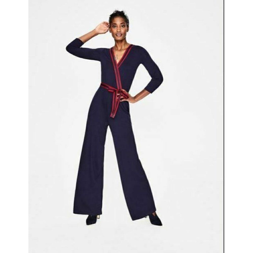 Boden Womens Isla Jersey Knit Wrap Jumpsuit UK 6 US 2 Navy Blue Wide Leg NWT
